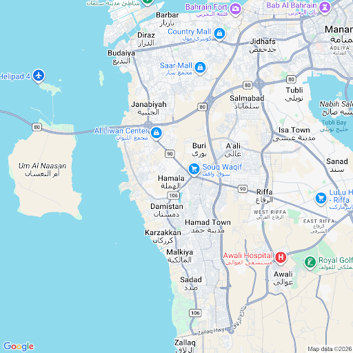 Map of Buri, A'ali and Hamad Town area, Bahrain