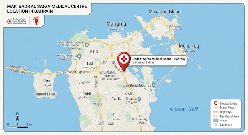 Map showing Badr Al Safaa Medical Centre location in Bahrain
